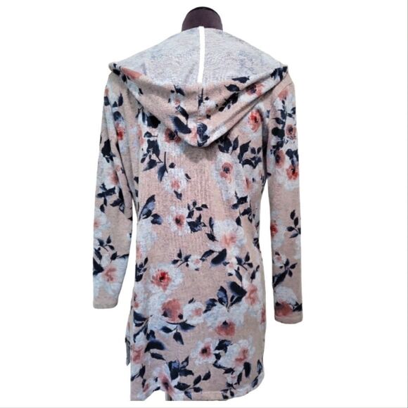 EC LILY WHITE FLORAL OPEN CARDIGAN W/ HOOD AND POCKETS SZ. S - Picture 2 of 4